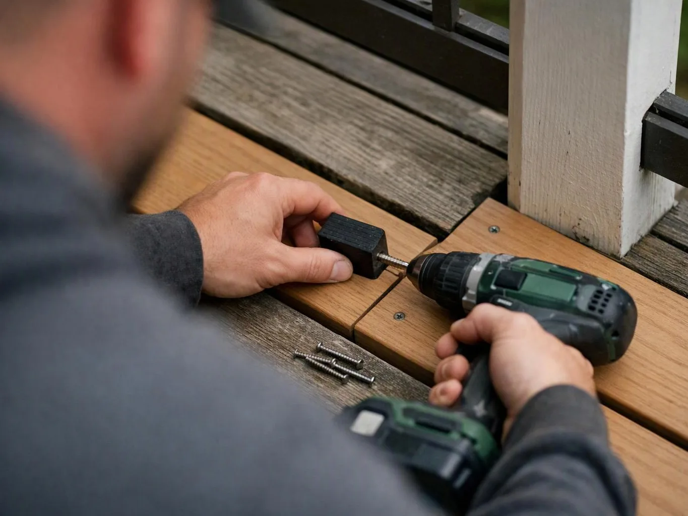 A person uses a cordless drill to fasten a black bracket onto a wooden deck board