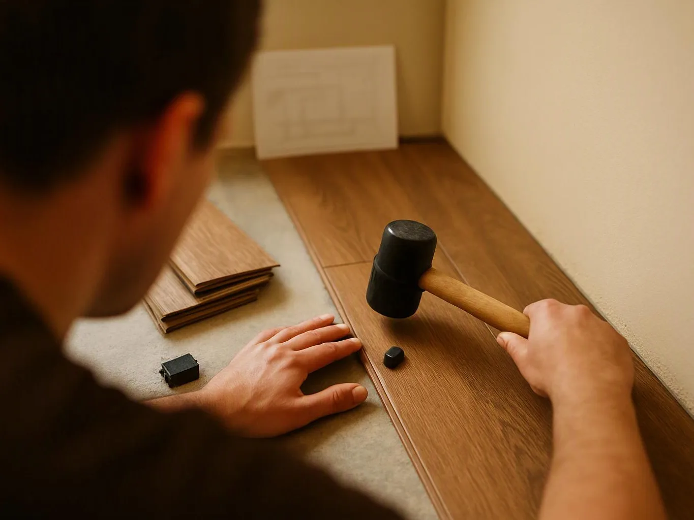 A person uses a rubber mallet to tap wood flooring pieces together on a work surface