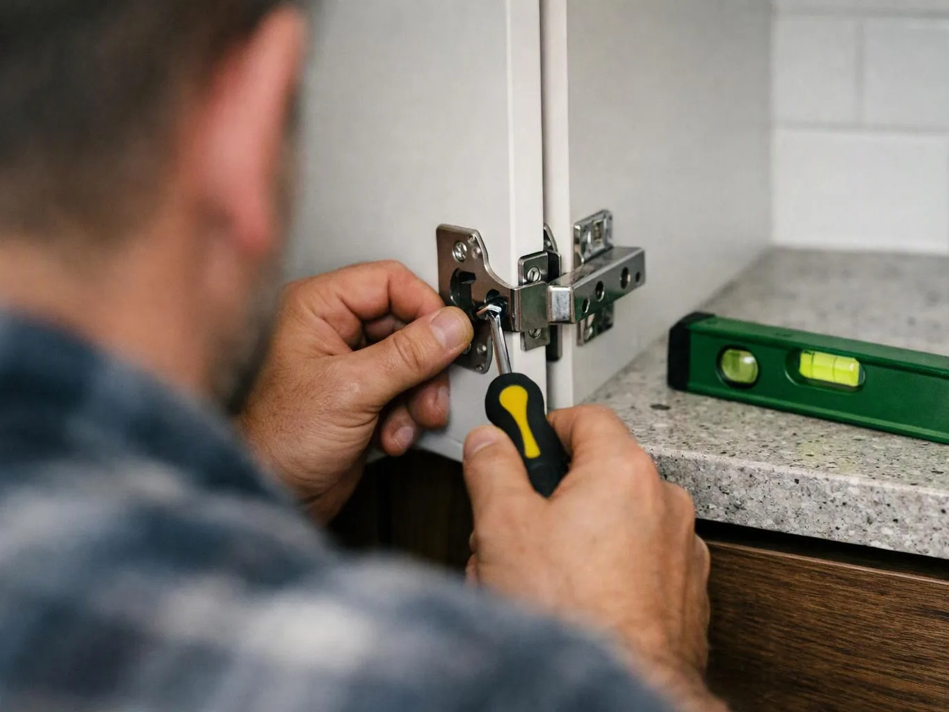 A person uses a screwdriver to adjust a cabinet hinge beside a green level on a countertop