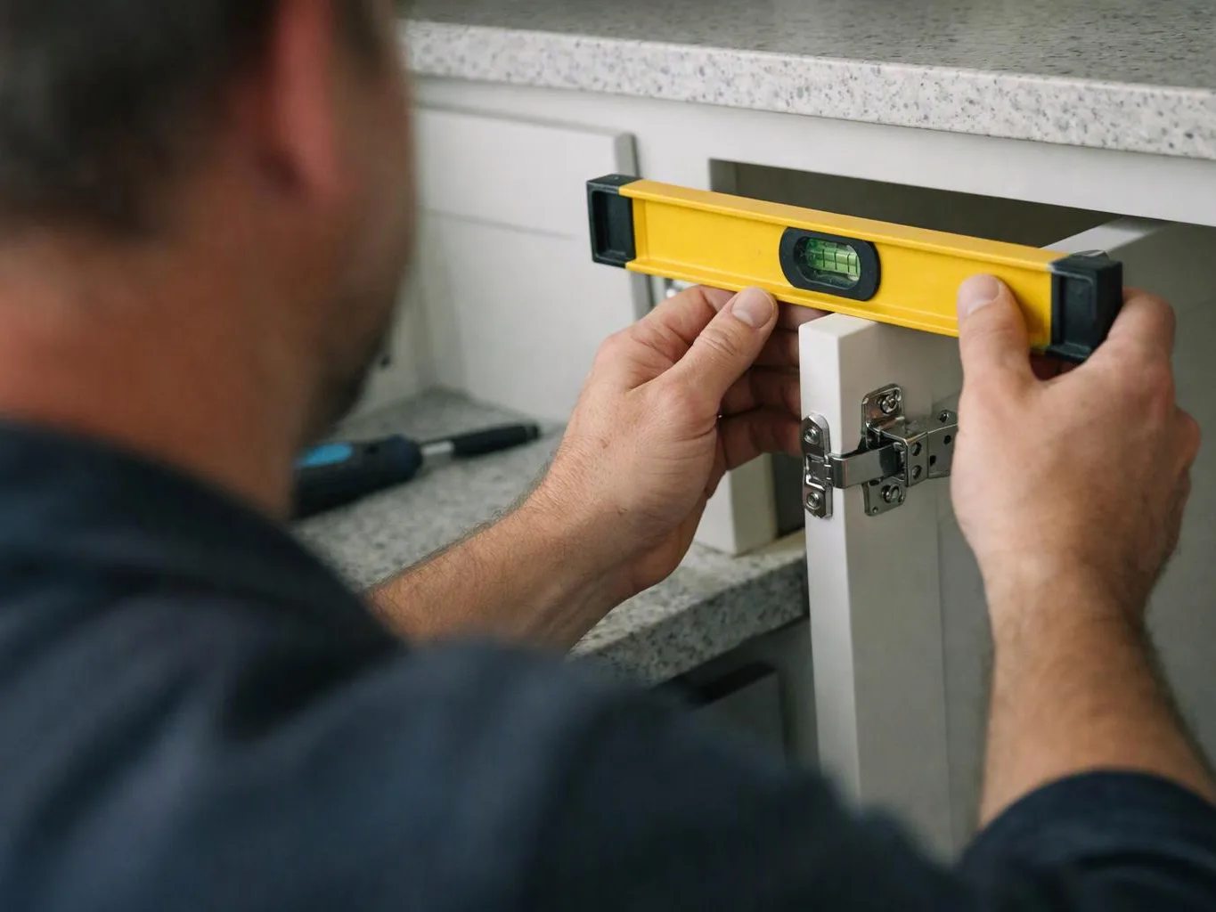 A person uses a yellow level to align a cabinet door in a kitchen