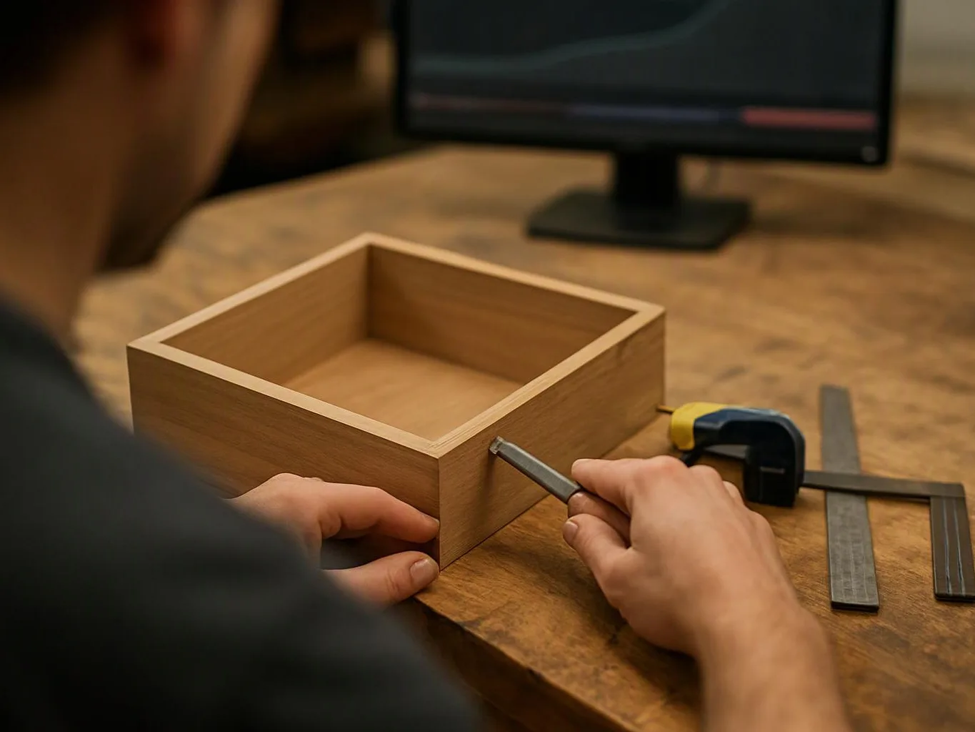 A person works on a wooden box at a workbench, holding a small tool beside a clamp and metal rulers