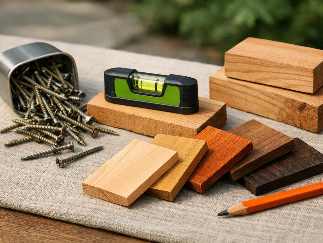 A pile of screws, a small spirit level, wood samples, and a pencil sit on a cloth-covered table outdoors