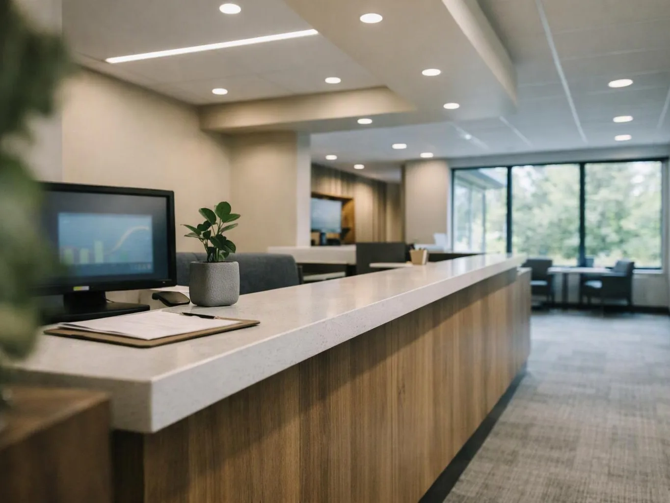 A quiet office lobby shows a long reception desk, a computer, a potted plant, and bright windows