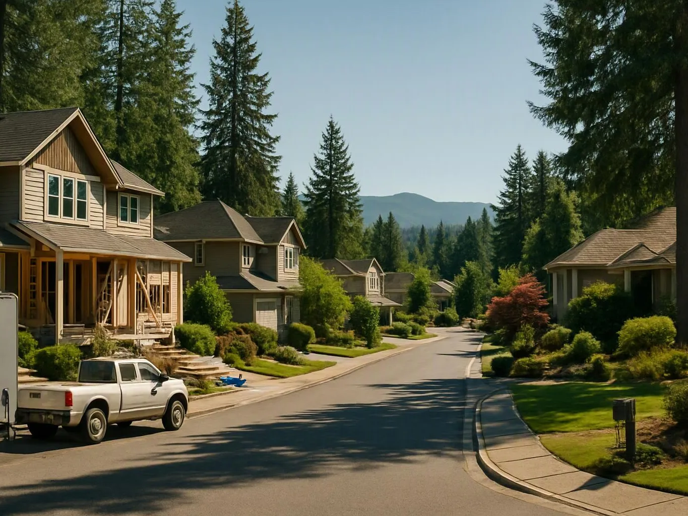 A quiet suburban street with houses, a parked pickup truck, tall pine trees, and distant hills
