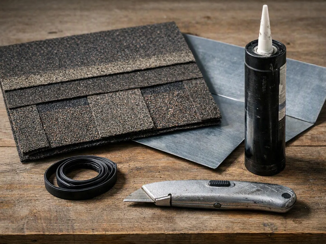Roofing materials and tools rest on a wooden workbench, including shingles, metal flashing, sealant, a roll of tape