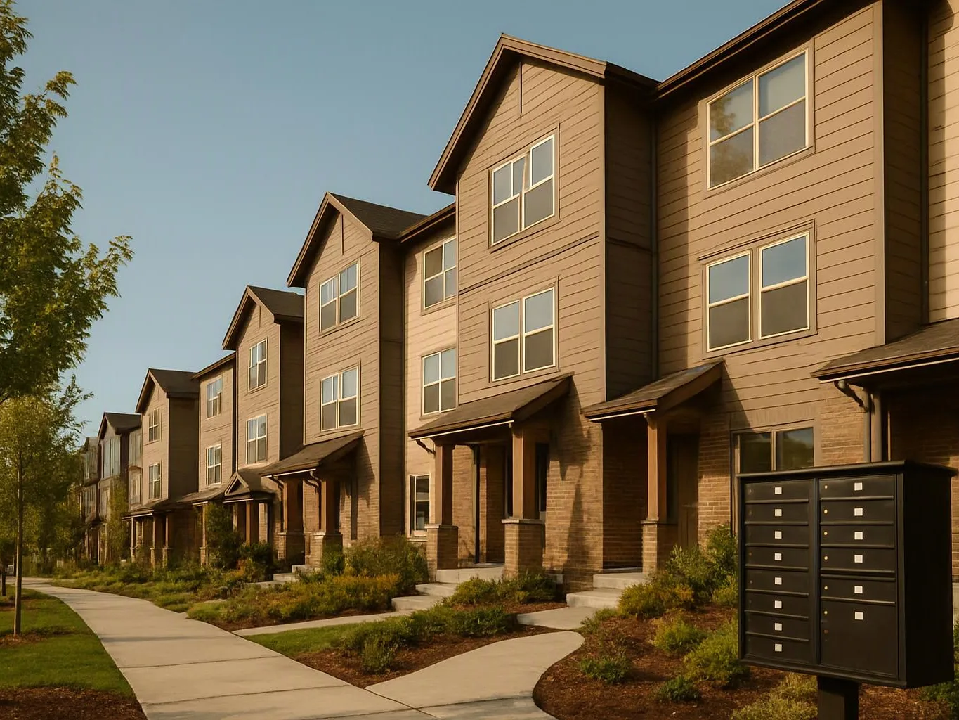 A row of tan townhouses lines a sidewalk, with black mailboxes and small front porches in warm sunlight