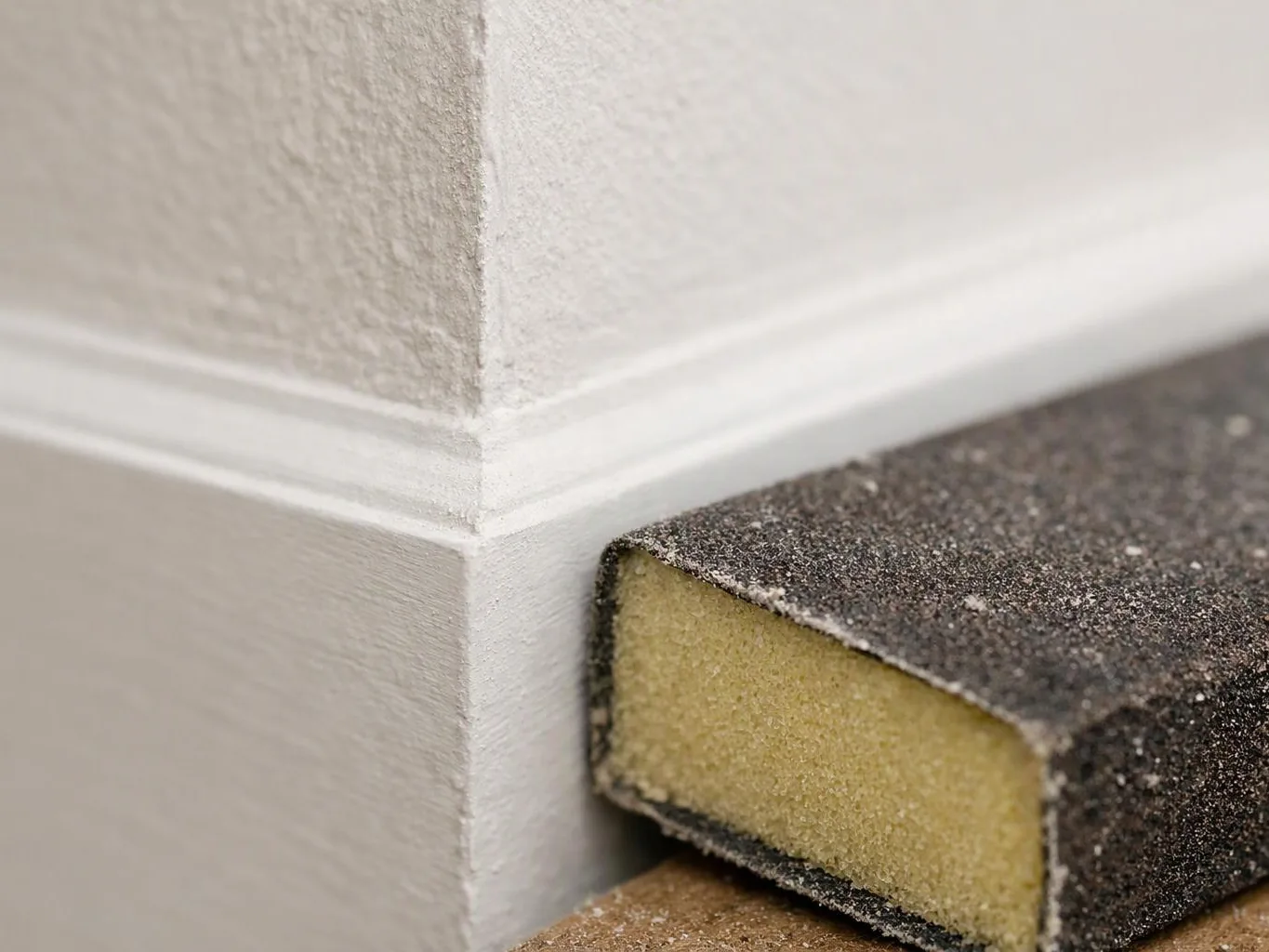 A sanding block rests against a white wall corner beside baseboard trim and a wooden floor block