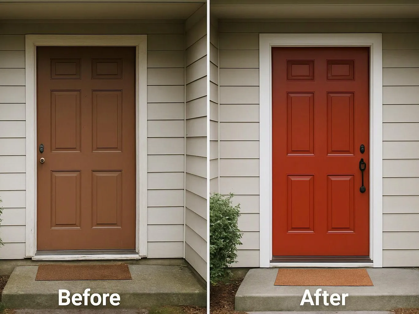 Side-by-side front door before and after, showing a brown door replaced by a bright orange-red door with new hardware