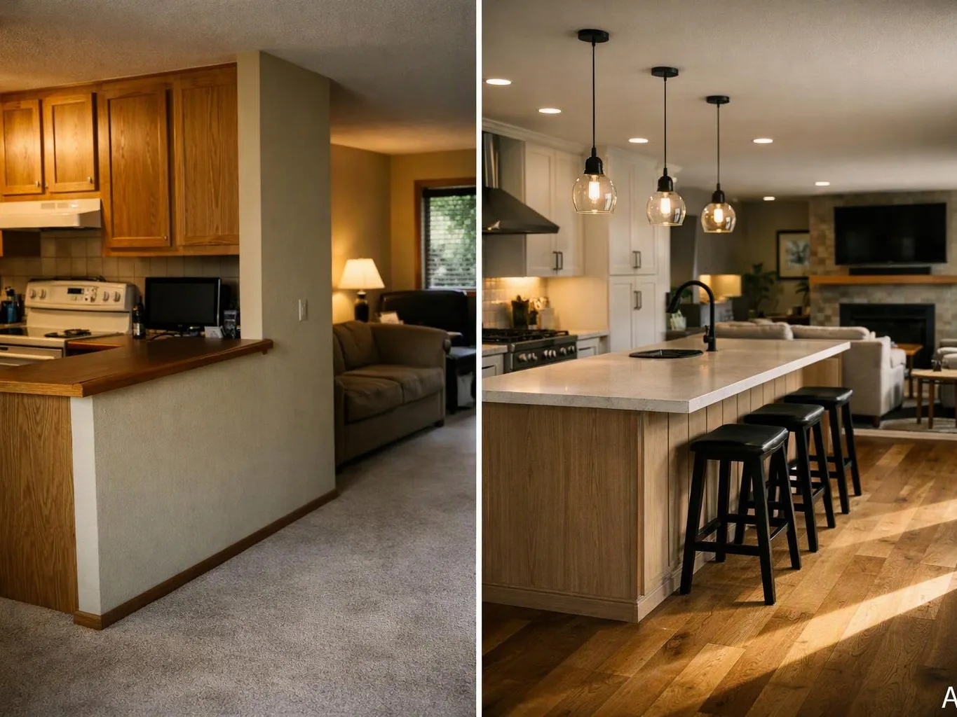 Side by side kitchen views show a plain older setup and a bright modern island with stools