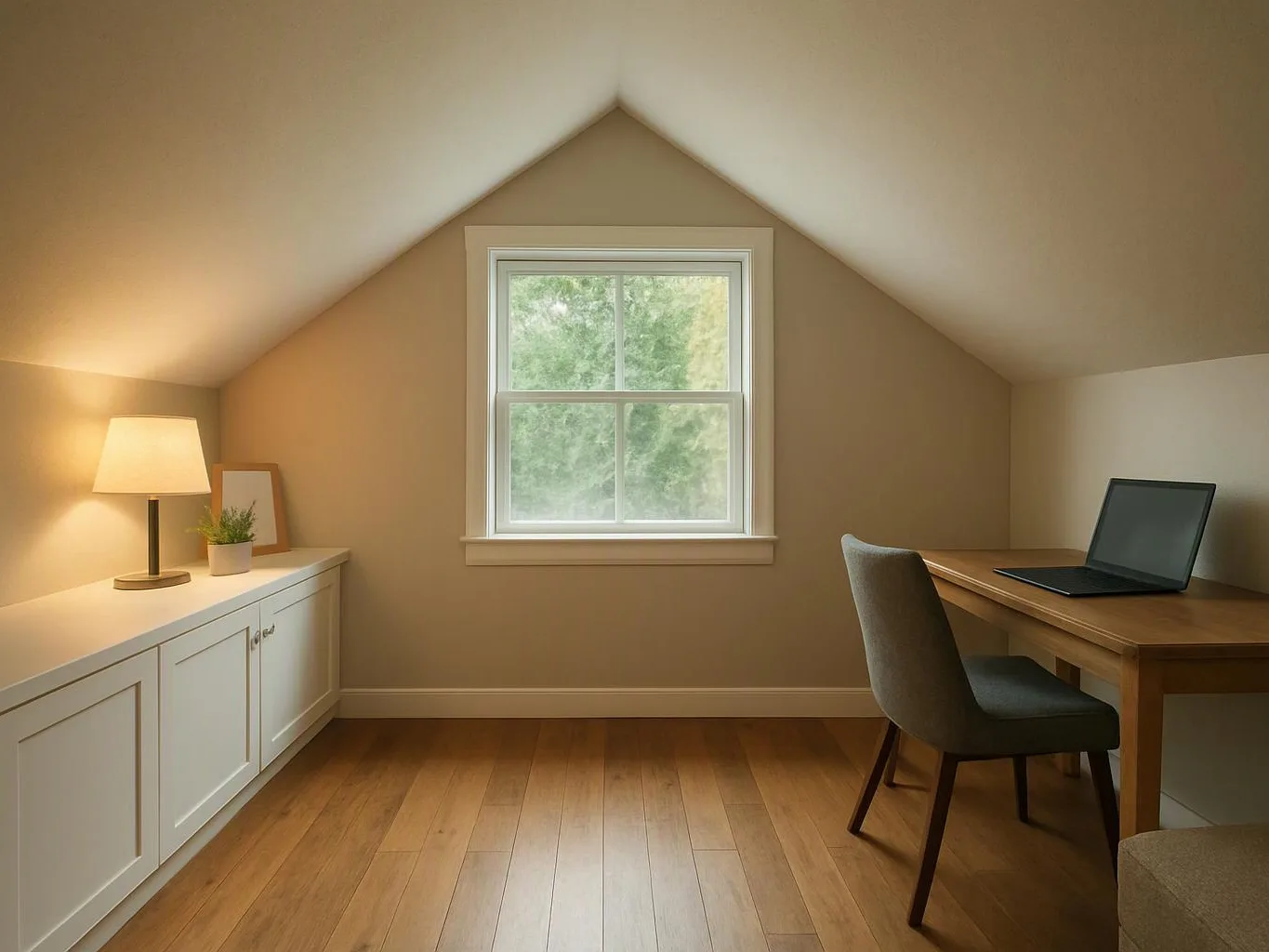 A small attic office has a desk with a laptop, a chair, a lit lamp, and a central window looking outside