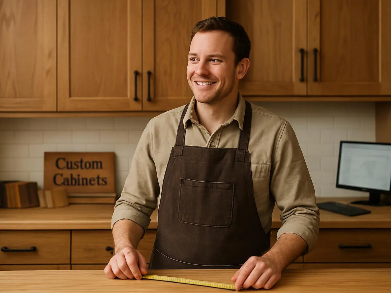 A smiling man in an apron stands at a wooden counter in a cabinet workshop, holding a tape measure