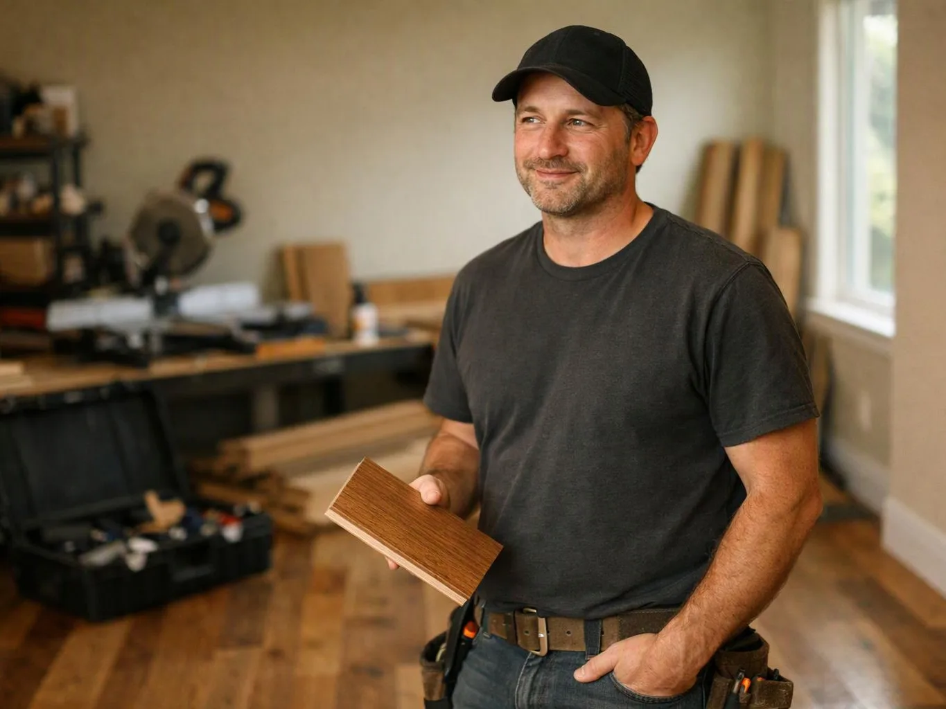 A smiling man in a black cap holds a wood sample in a workshop with tools and boards behind him