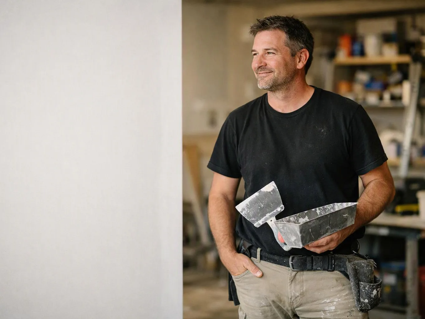 A smiling man in a black T-shirt holds plaster tools inside a workshop or renovation space
