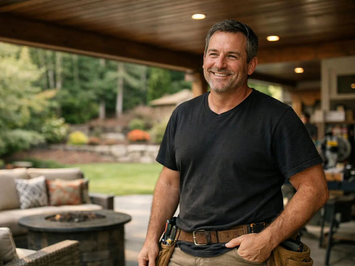 A smiling man in a black T-shirt stands on a covered patio with a backyard seating area behind him