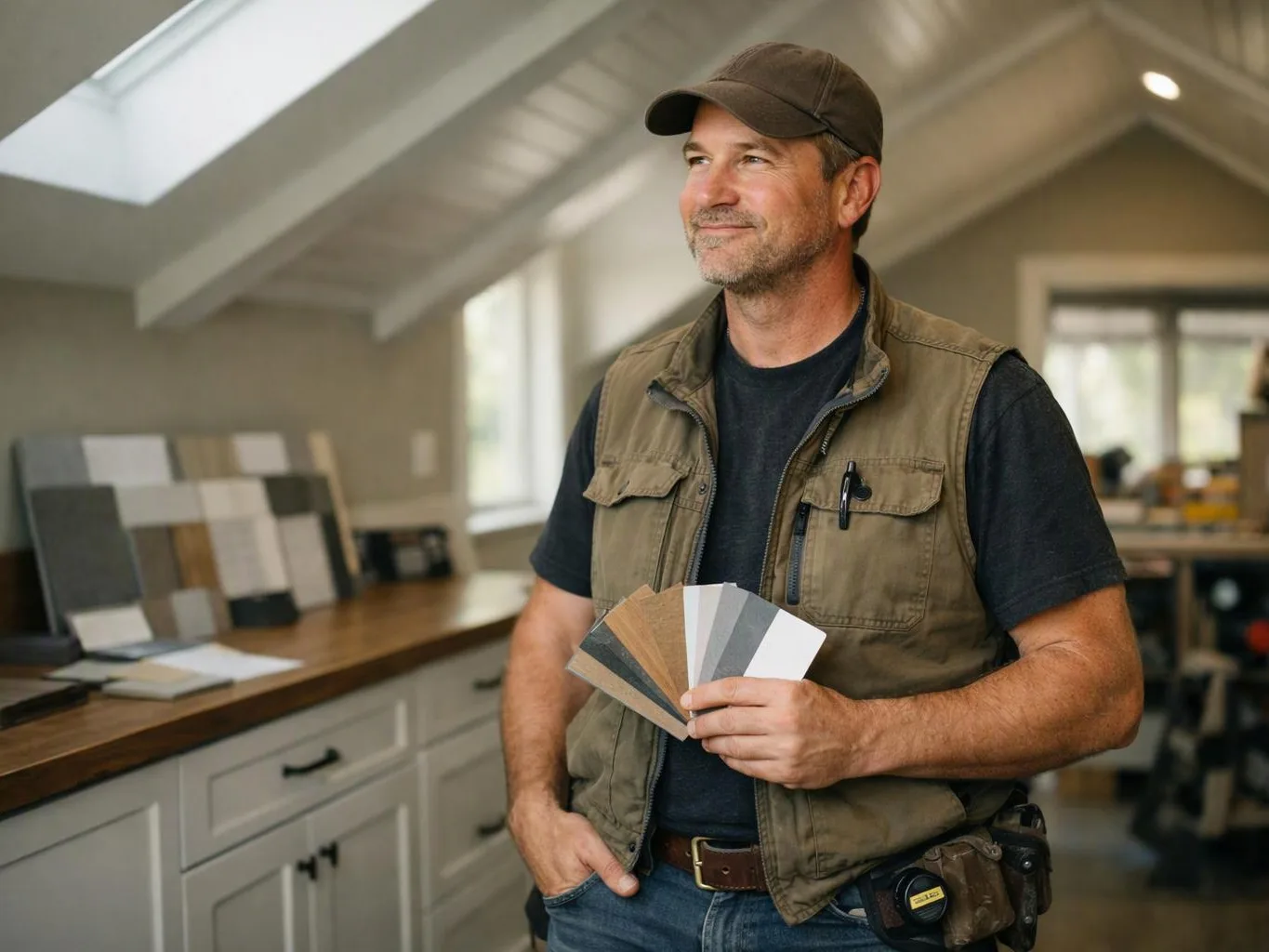 A smiling man in a cap holds paint color swatches in a bright room with sample boards behind him
