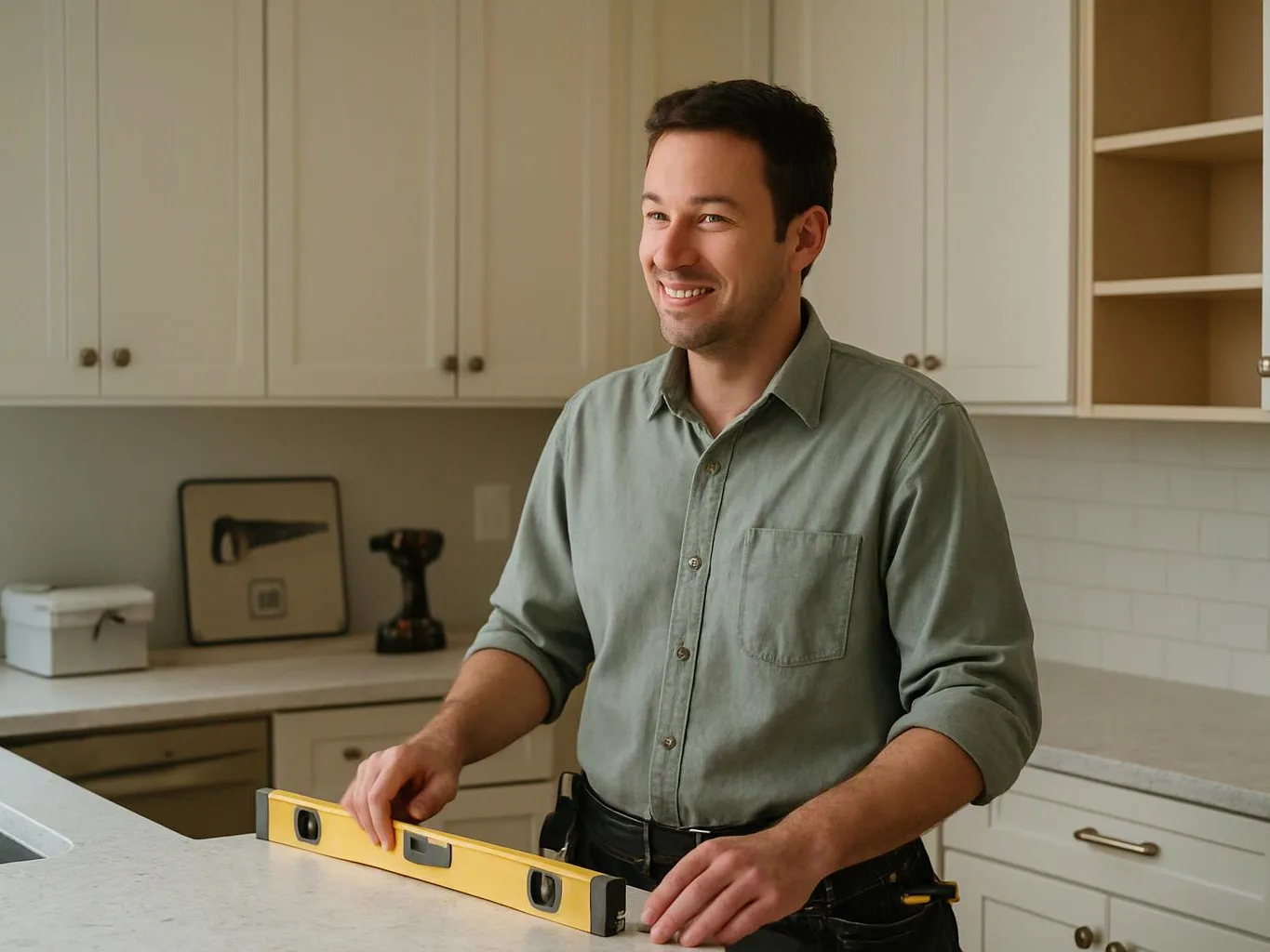 A smiling man stands in a bright kitchen, holding a yellow level on the counter