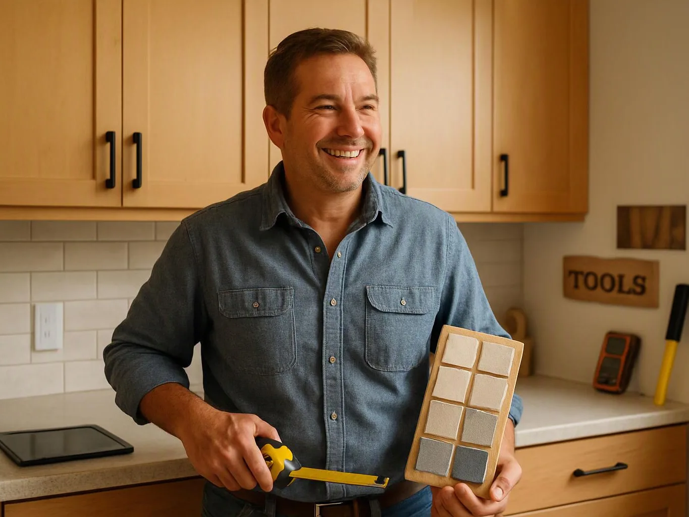 Smiling man stands in a kitchen holding a tile sample board and a tape measure