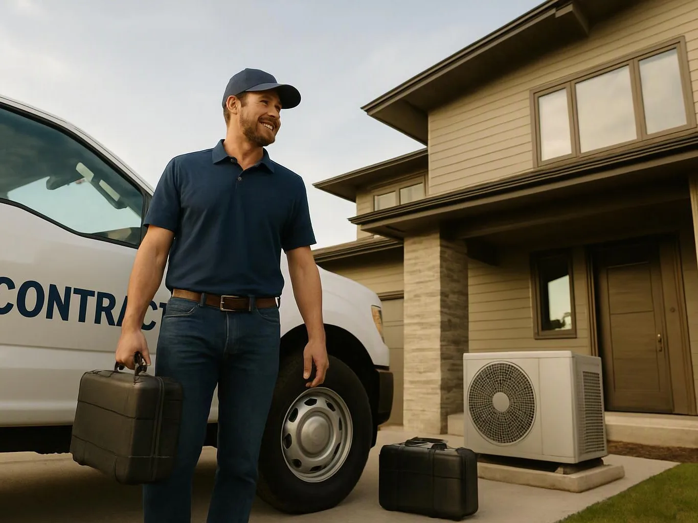 A smiling man stands by a service van and a house, holding a black case beside outdoor equipment