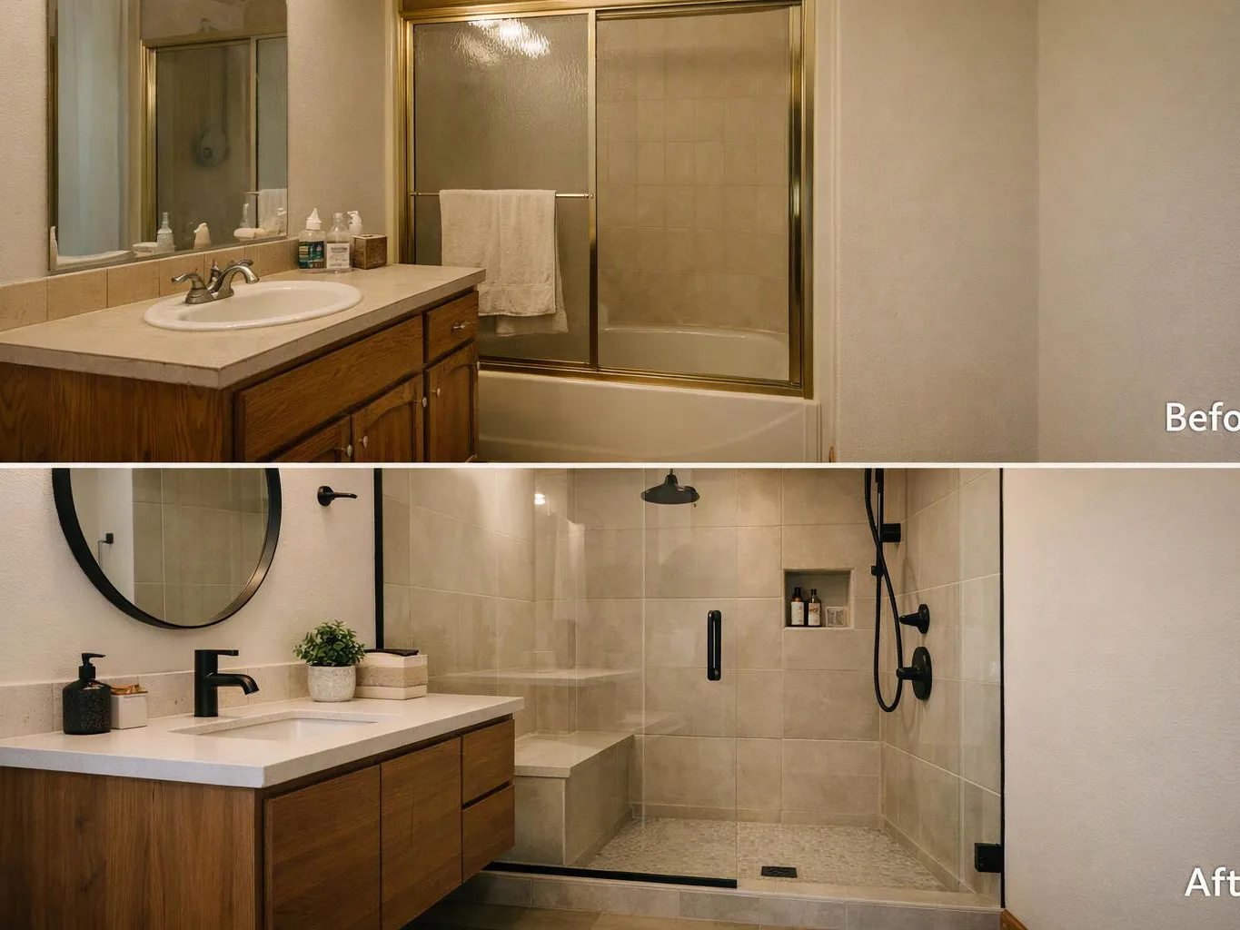A split bathroom photo shows a dated tub shower and sink above, and a modern shower with vanity below
