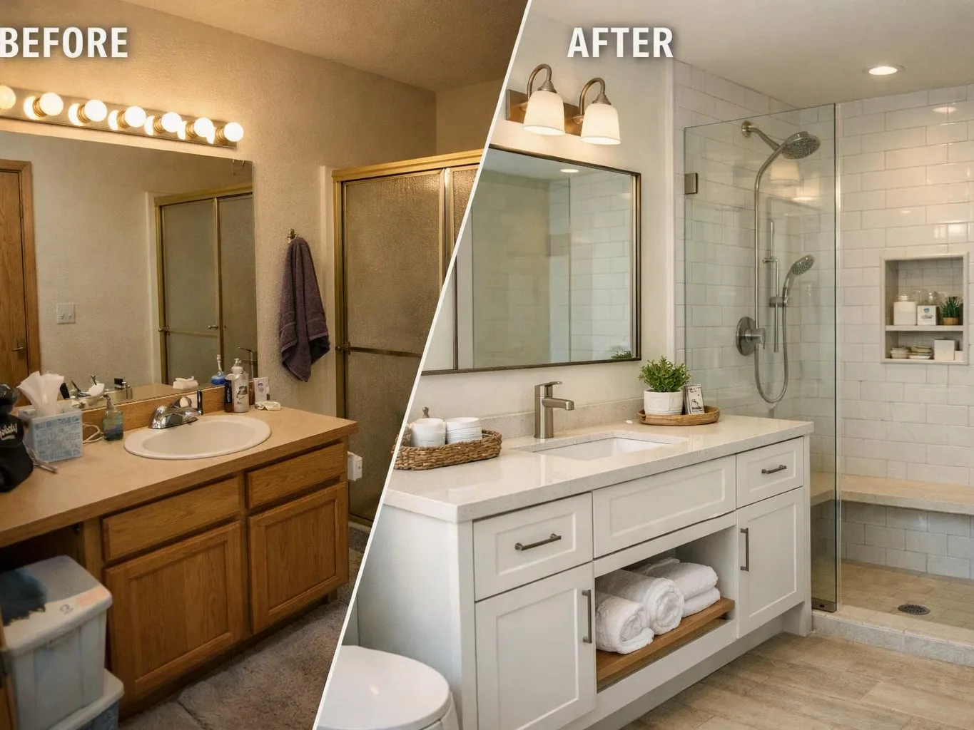 Split bathroom shows a dated vanity before and a bright renovated bathroom with shower after