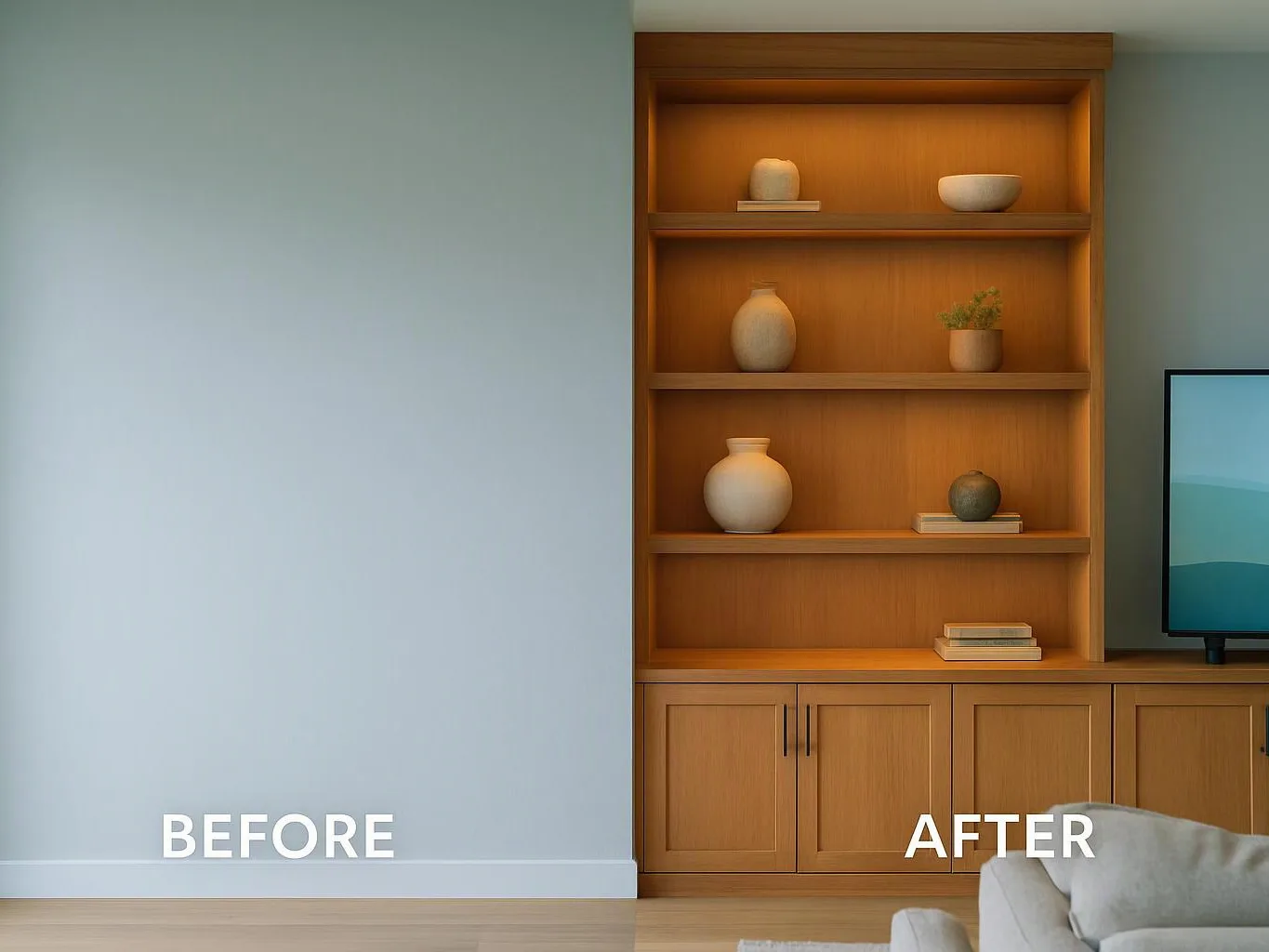 Split before-and-after living room wall, bare left side and built-in wood shelving with decor on the right