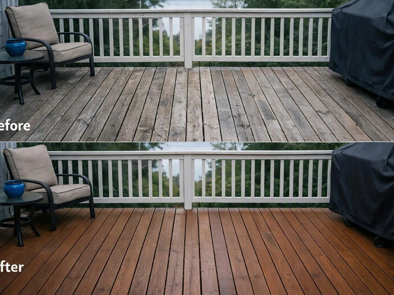 A split before and after shows a backyard deck changing from gray worn boards to rich brown stain