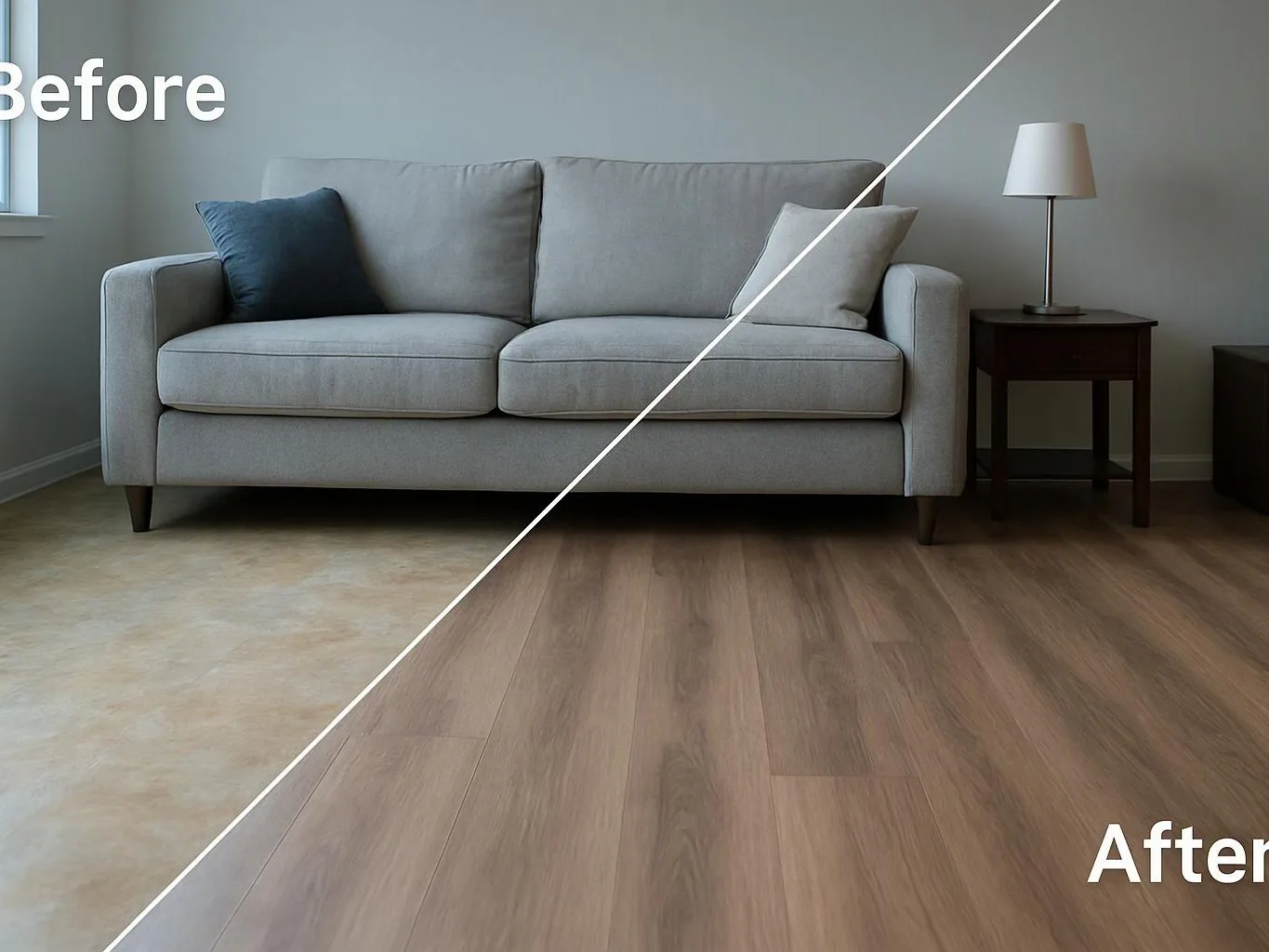Split before and after view of a gray sofa room, showing carpet replaced with wood flooring