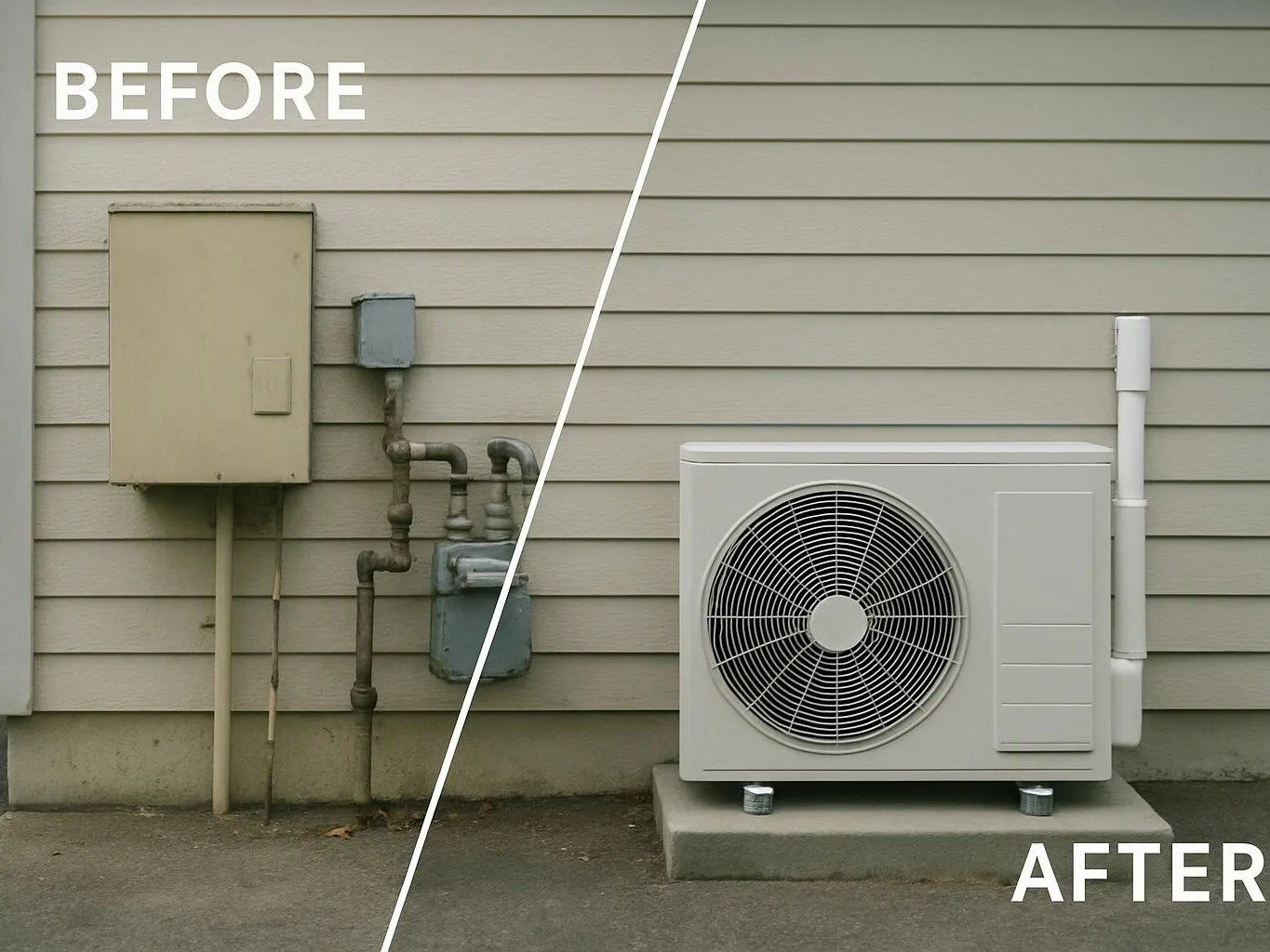 Split before-and-after view of a house exterior, showing old utility boxes and pipes beside a new outdoor unit