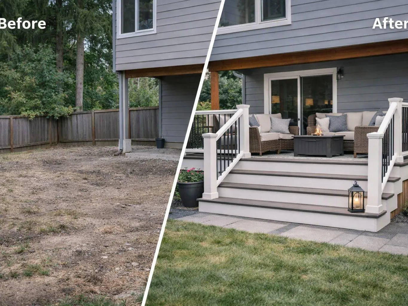 A split before-and-after view shows a bare backyard beside a finished porch with seating, steps, and a fire table