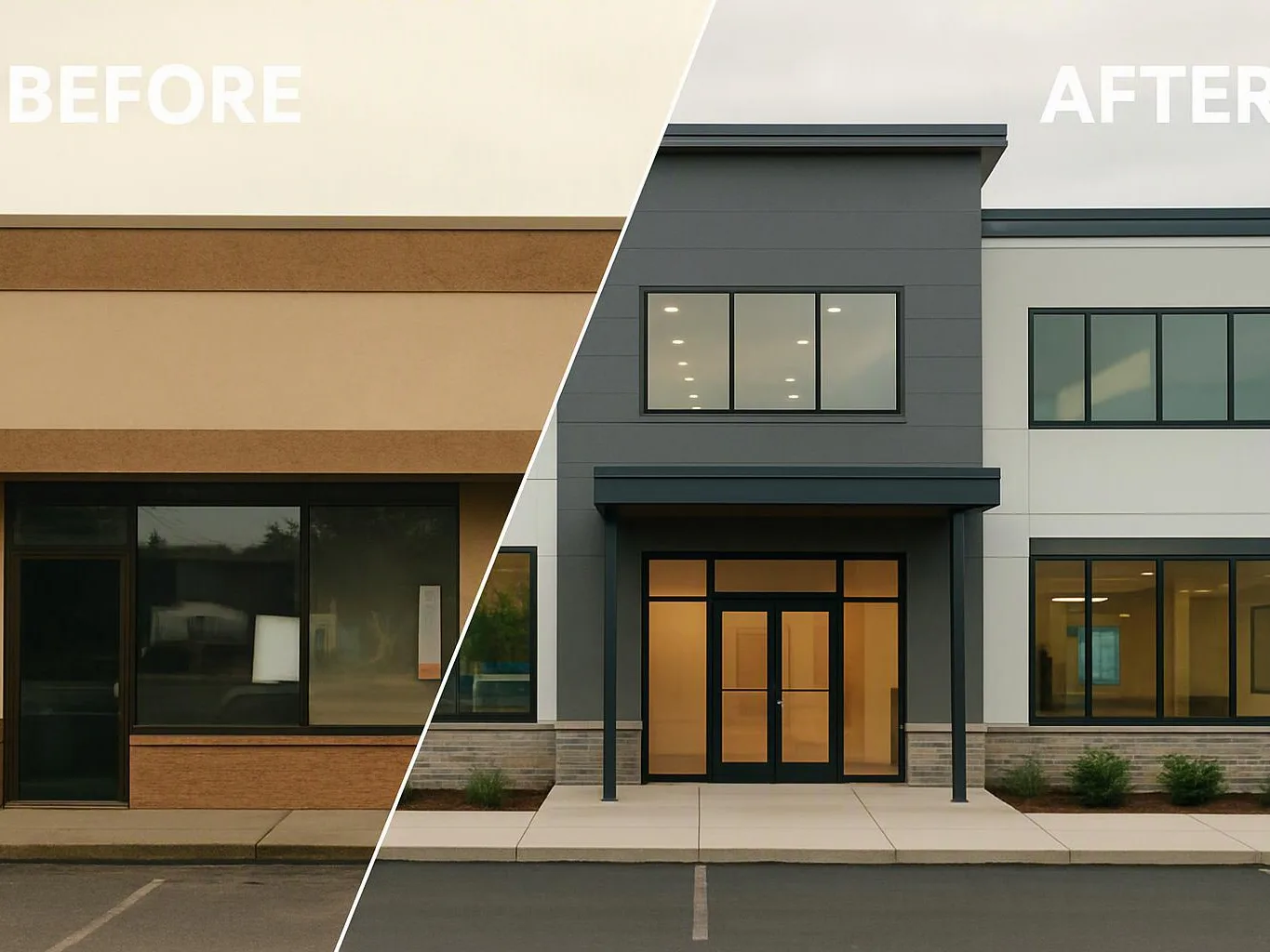 A split before-and-after view shows a building exterior changing from plain tan walls to a gray modern storefront with larger windows