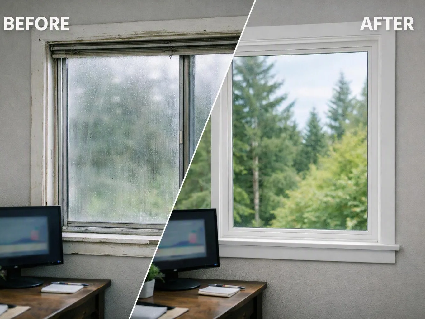 A split before-and-after view shows a dirty old window replaced by a clean white window above a desk
