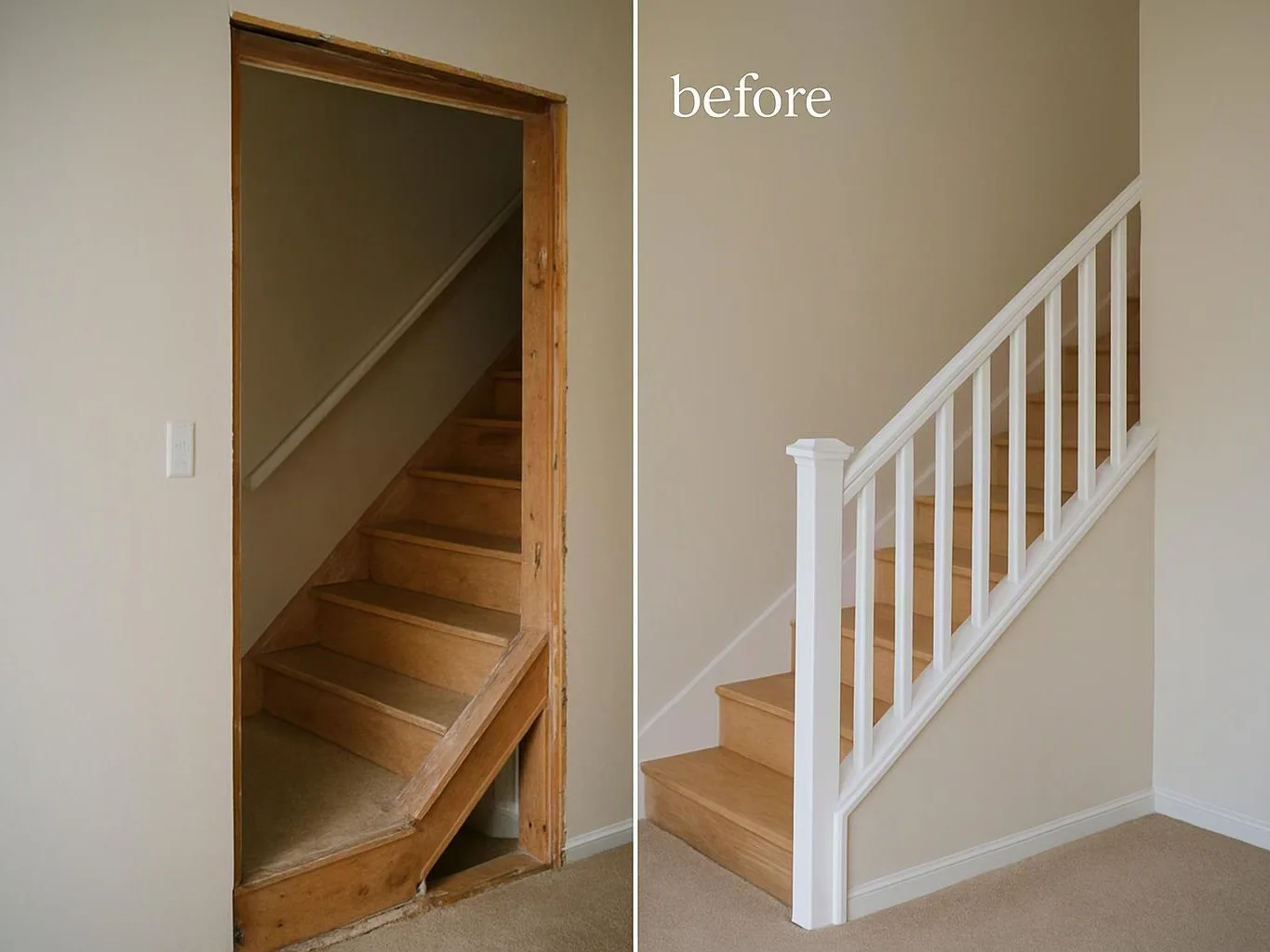 Split before-and-after view shows an unfinished stair opening beside a finished staircase with white railings and beige walls