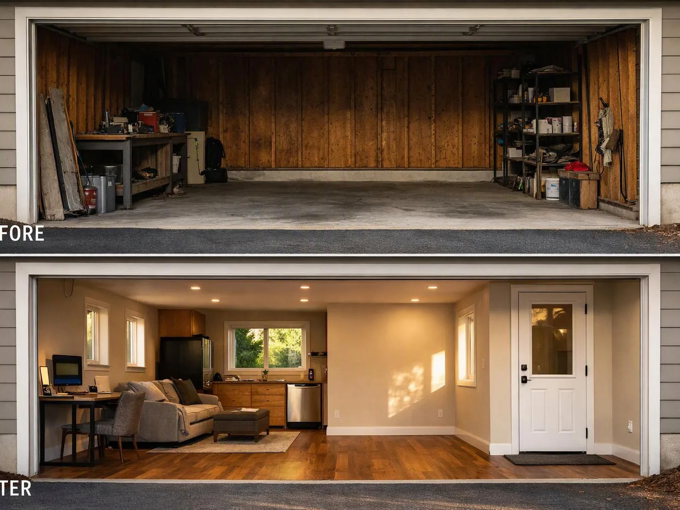 Split garage view shows a cluttered storage space above and a finished living area below