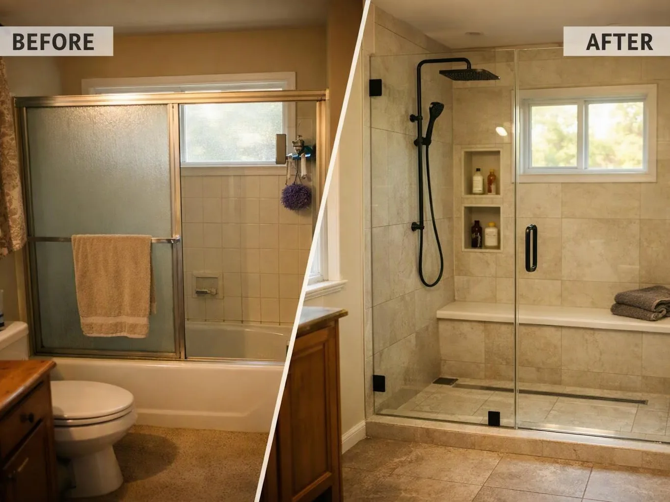 Split image shows a bathroom shower before and after, with a frosted sliding door replaced by a glass shower enclosure