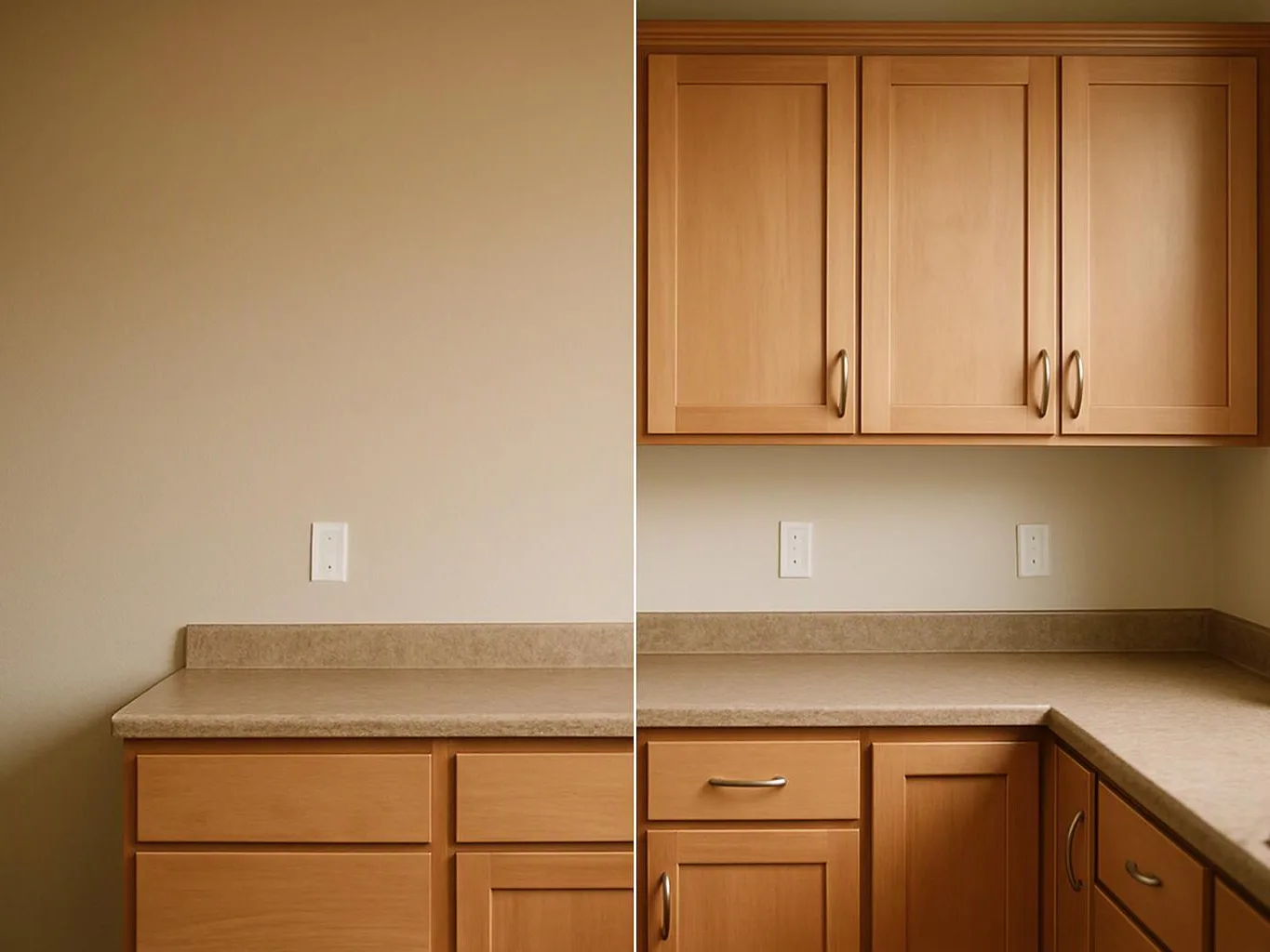A split image shows a plain kitchen wall and counter on the left, and matching cabinets and countertop on the right