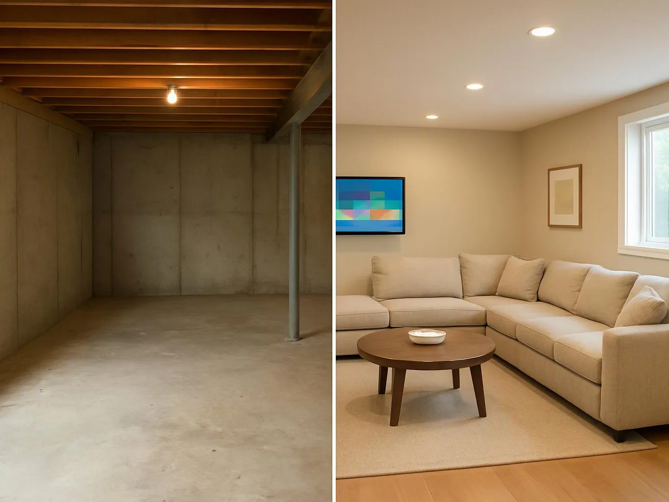 Split image shows an unfinished concrete basement beside a bright living room with a beige sectional and coffee table