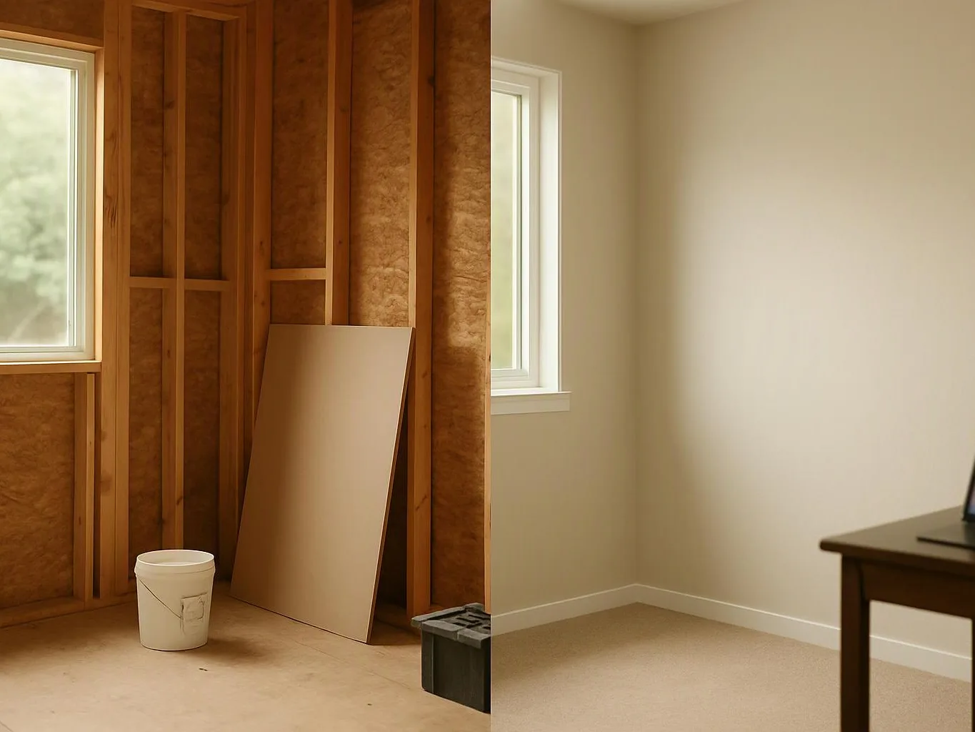 A split image shows an unfinished room with exposed studs, a bucket and panel