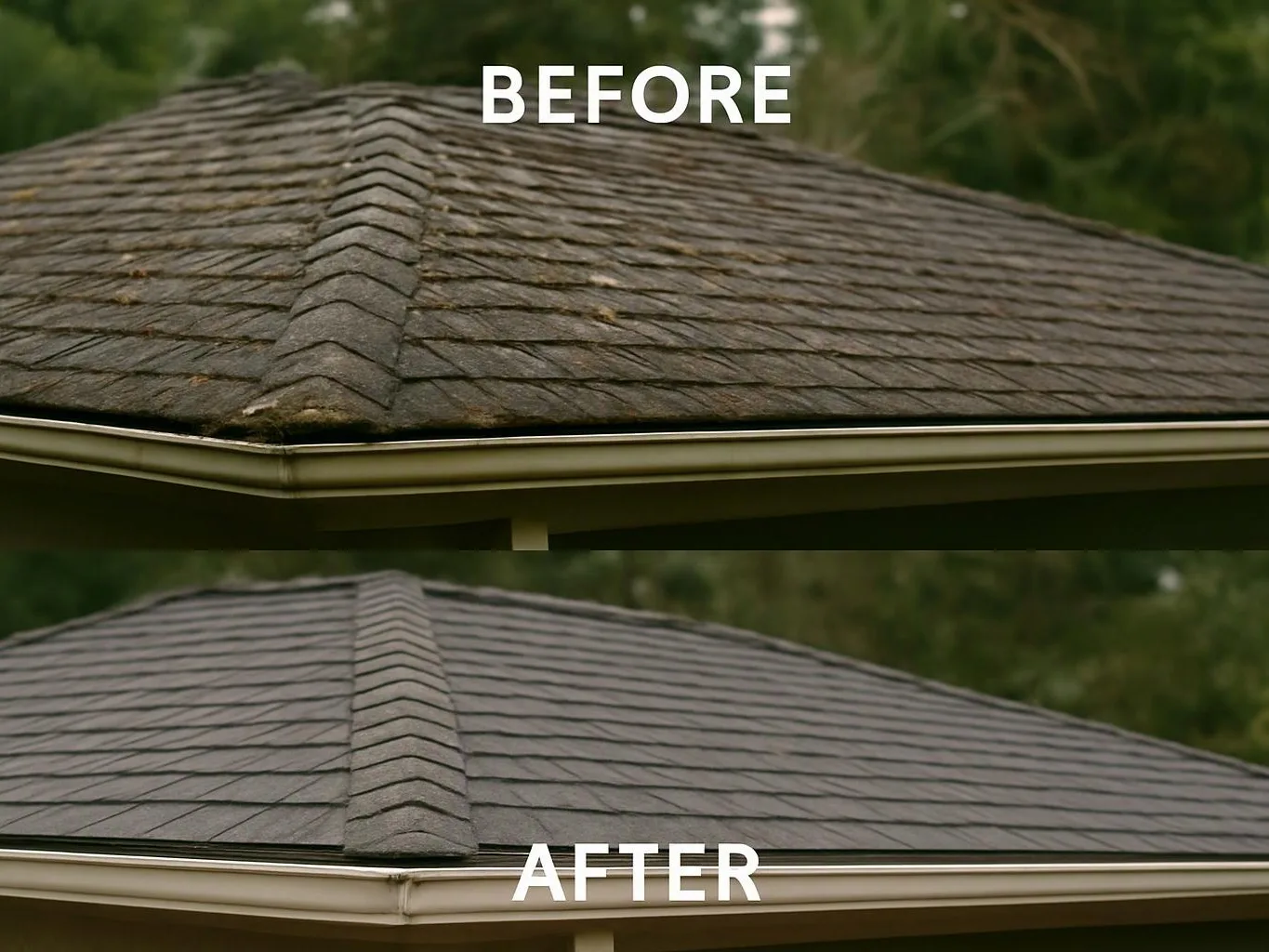 Split image shows a weathered shingle roof before and after cleaning, with trees blurred behind it