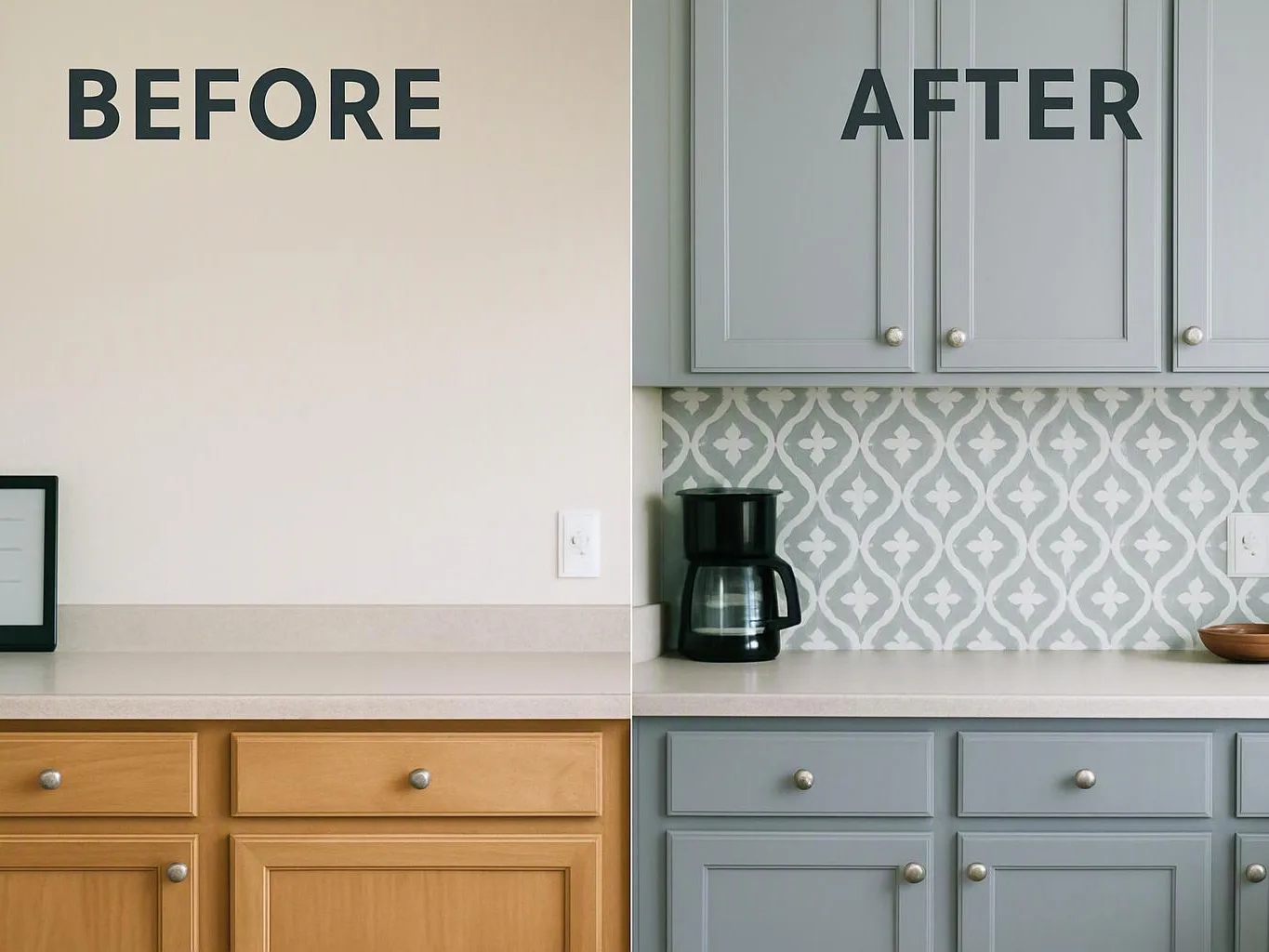Split kitchen cabinetry shows a plain before side and a gray patterned after side with a coffee maker on the counter