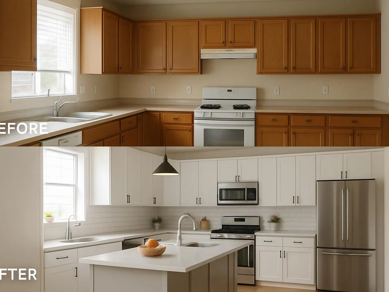 Split kitchen view showing a dated brown cabinet kitchen above and a bright white remodeled kitchen below