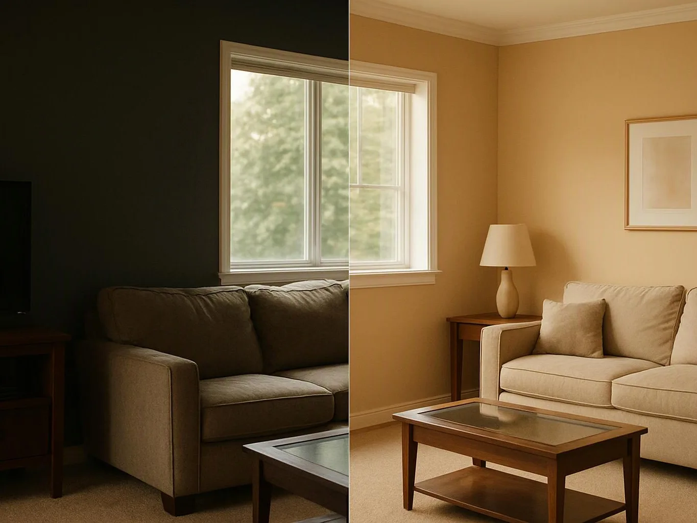 A split-screen living room shows a dark, dim version on the left and a bright beige version on the right