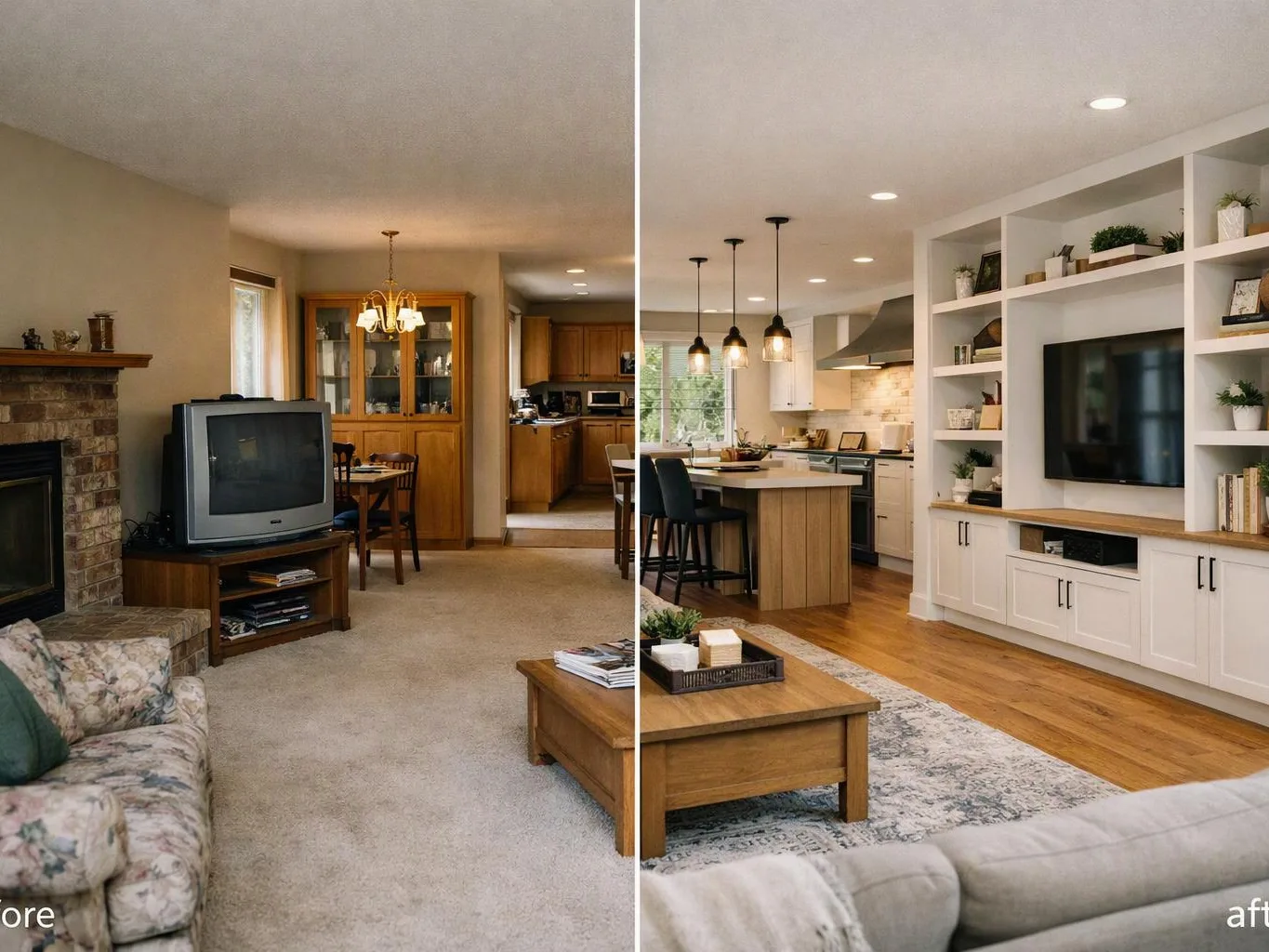Split-screen living room shows a dated carpeted space on the left and a bright remodeled room on the right