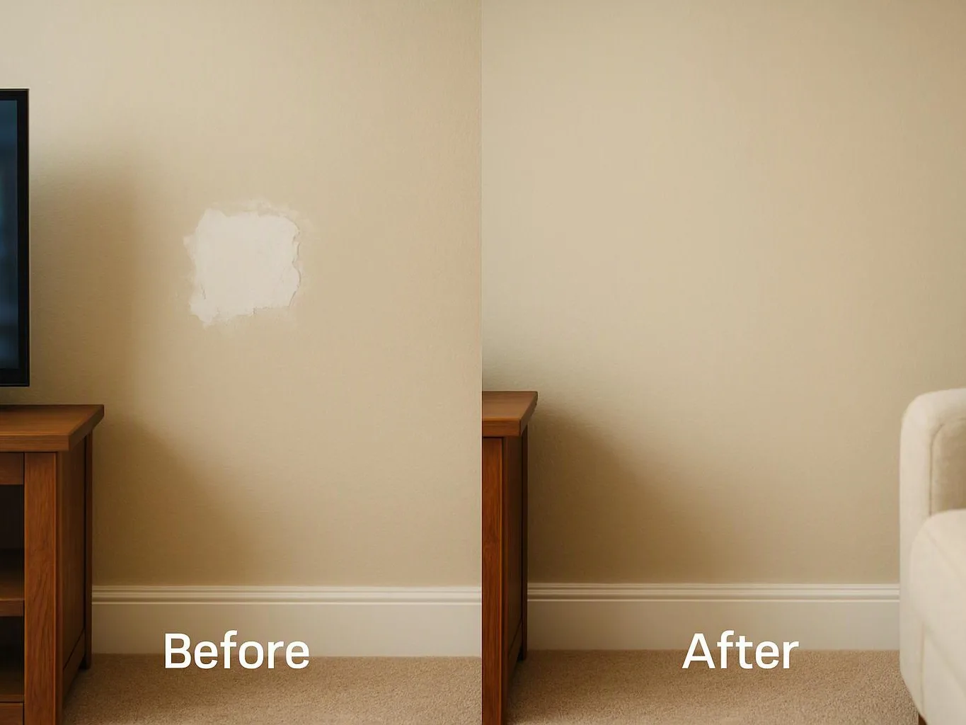 Split-screen living room wall before and after patching a peeled paint spot