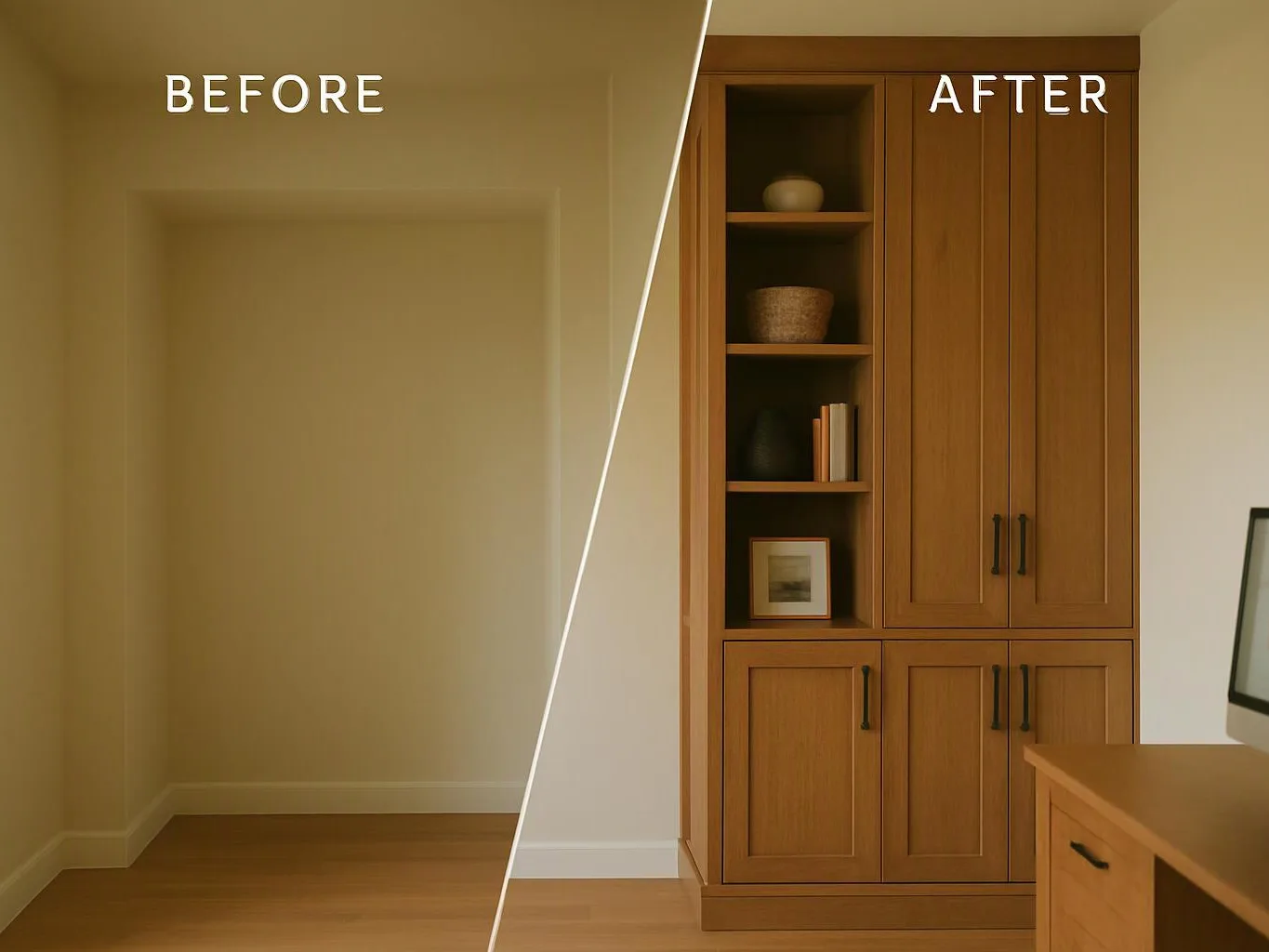 Split view of an empty alcove before and a built-in wood cabinet with shelves after