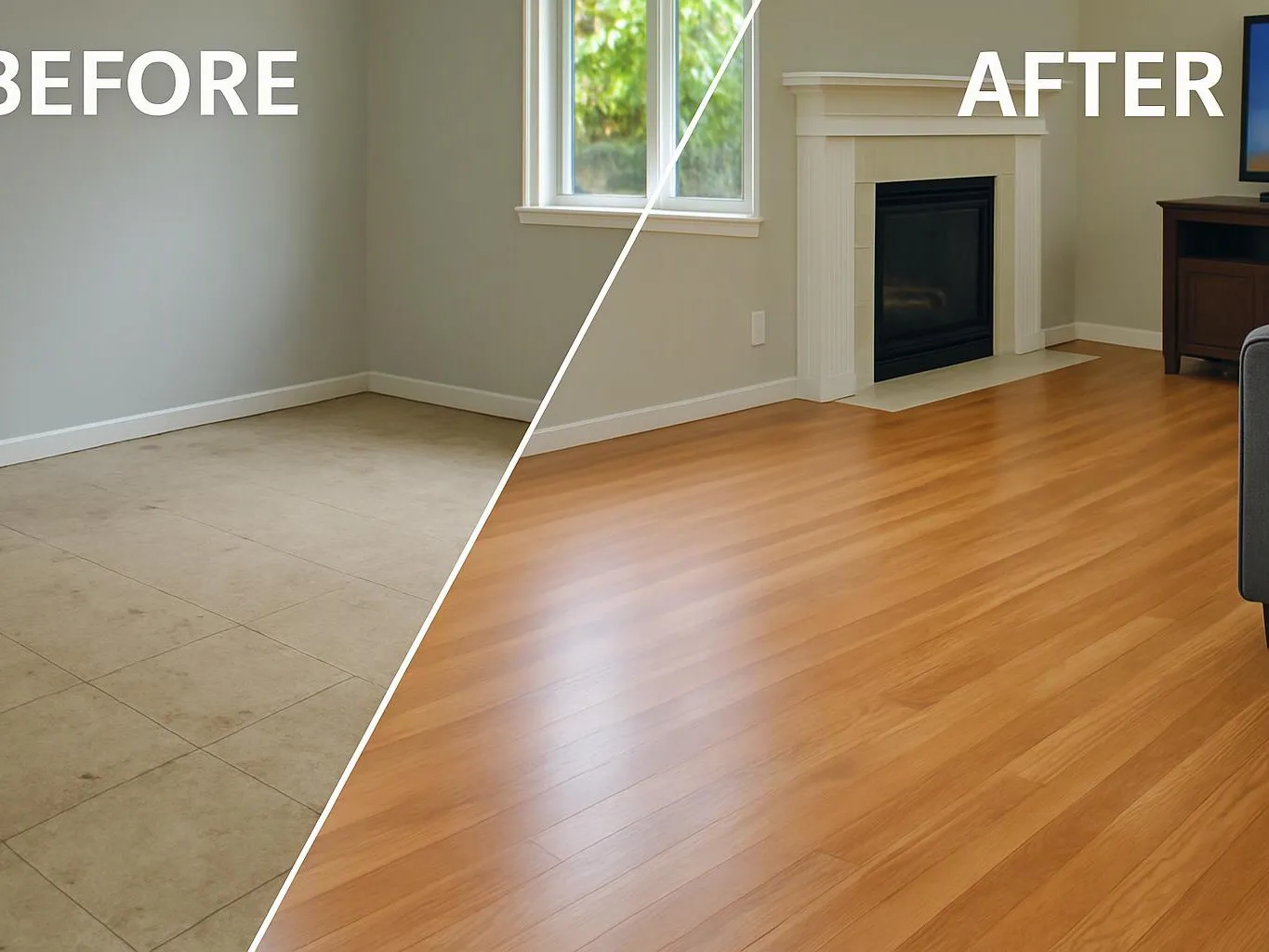 Split view of an empty room, showing tile floor before and wood floor after with a fireplace and window