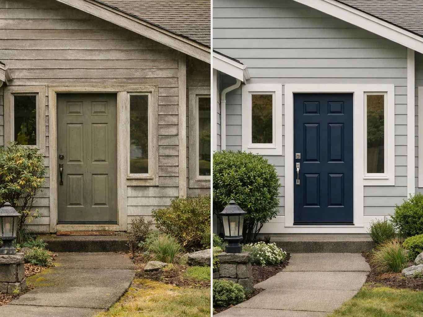 Split view of a house entry before and after painting, showing a weathered door beside a fresh navy one