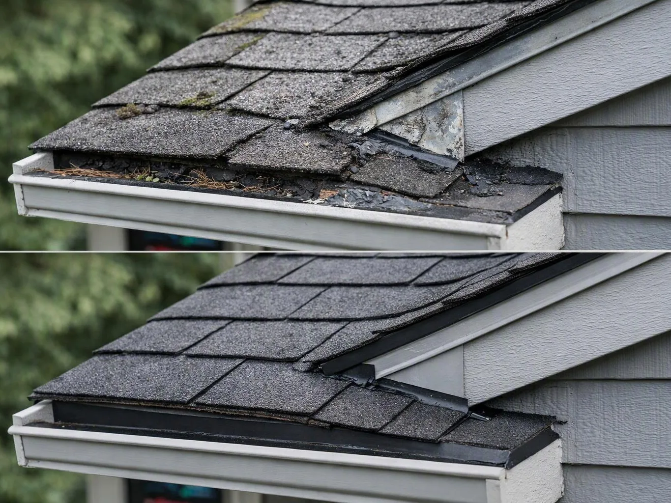 Split view of a house roof shows damaged shingles above and a repaired roof edge below