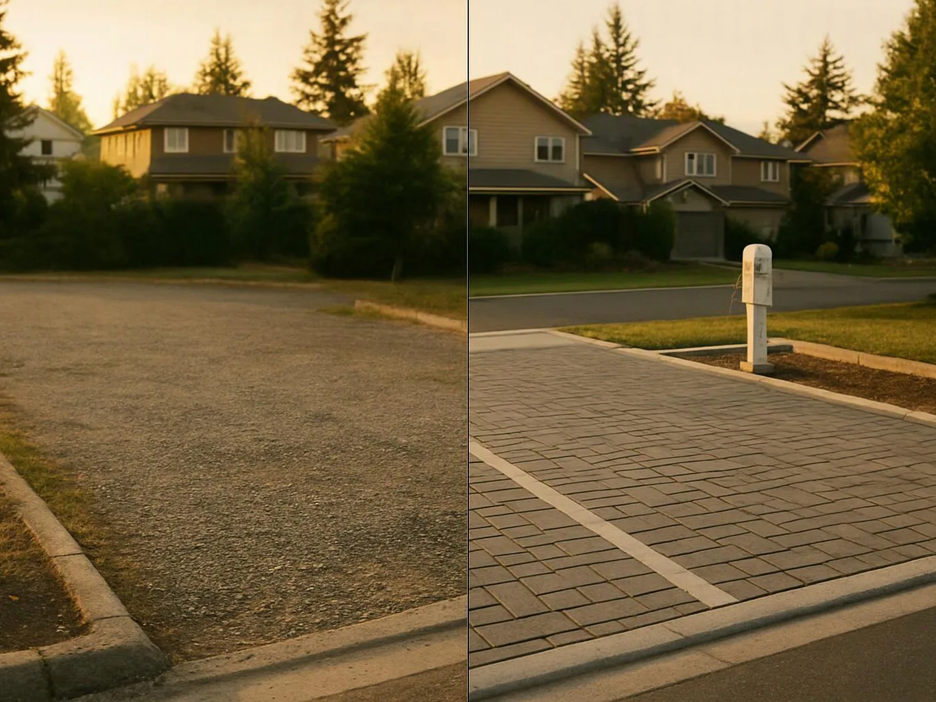 A split view shows a gravel lot and a paved driveway beside suburban houses at sunset