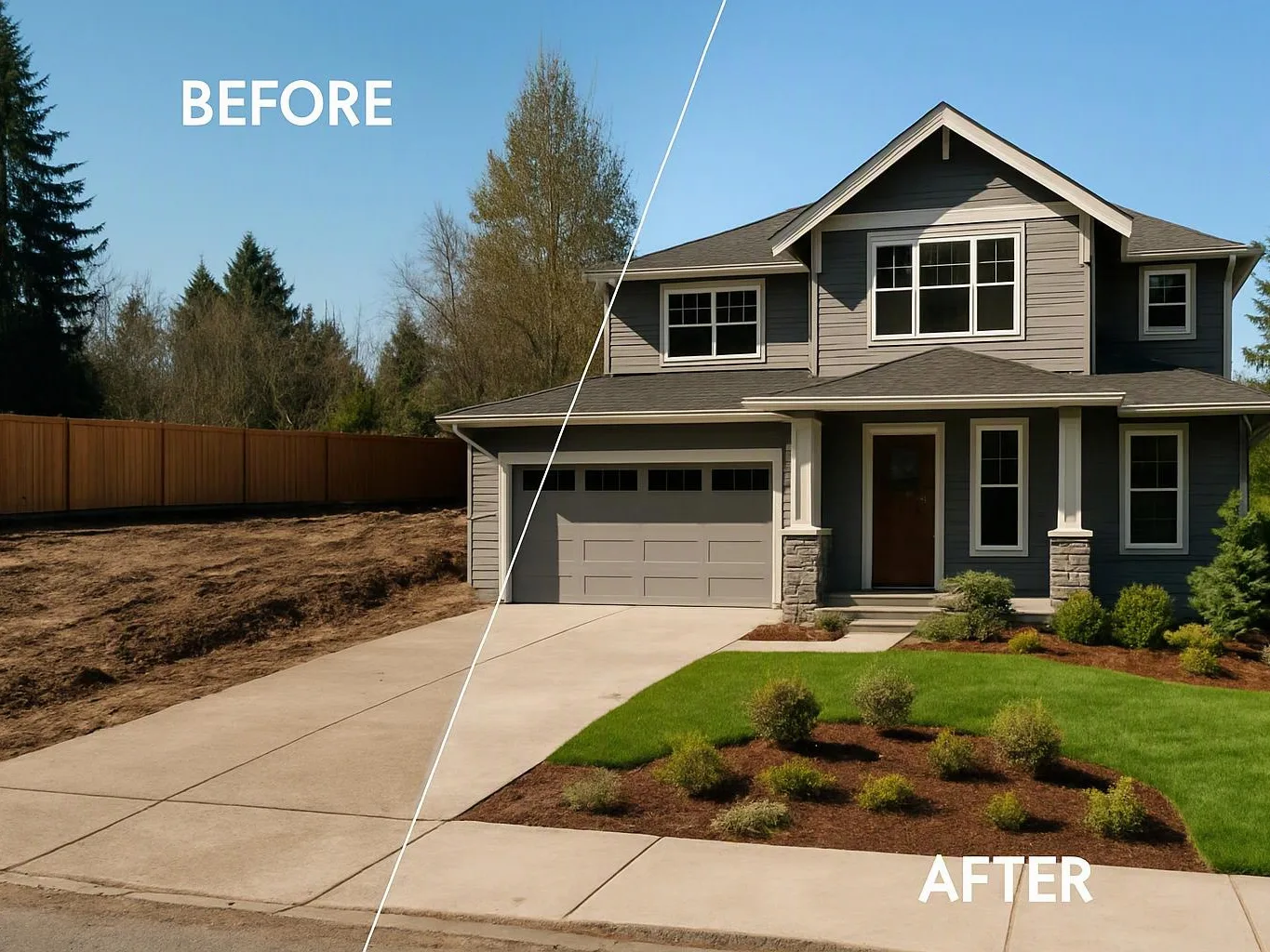Split view shows a house exterior before and after landscaping, with a bare yard beside a finished lawn