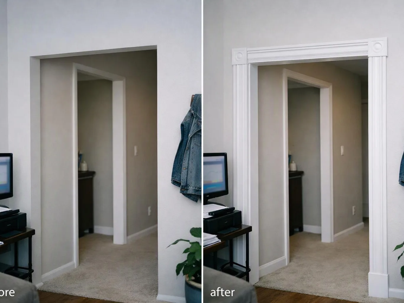 Split view shows a plain doorway before and a trimmed doorway after in a carpeted room
